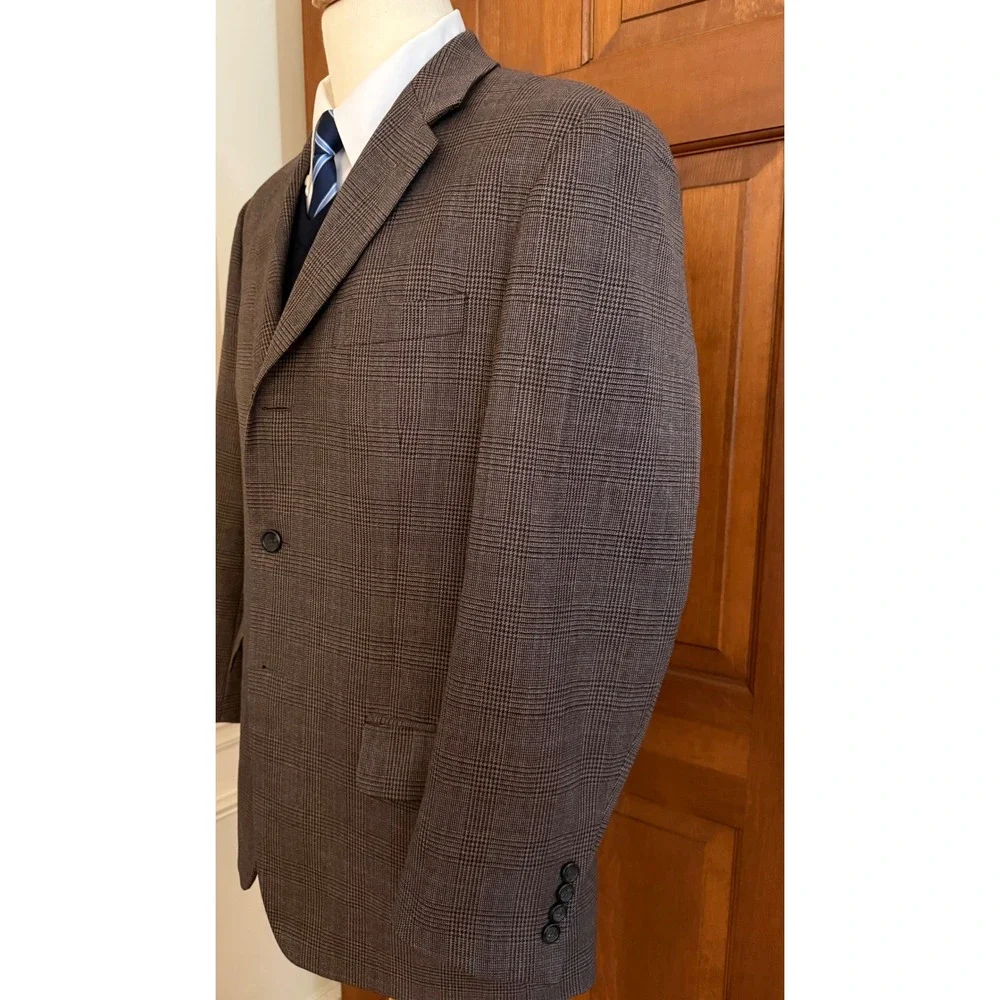 Linea Uomo Glen Check Sport Coat Mens 42R Brown Wool Three-Button‎ Blazer Jacket